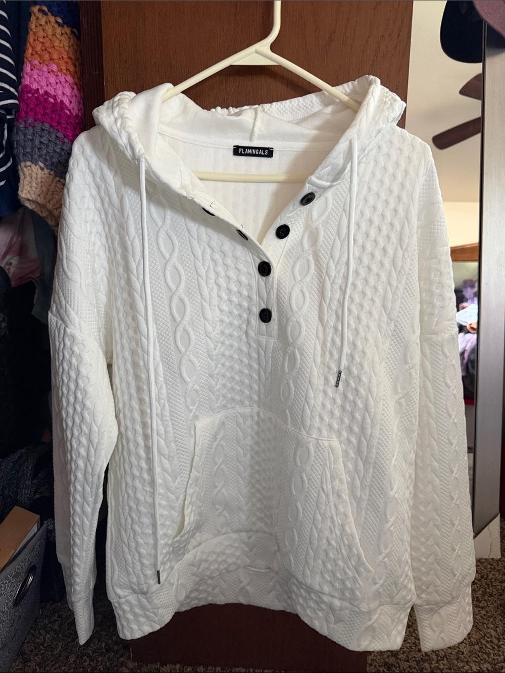 Flamingals White Cable-Knit Hooded Pullover